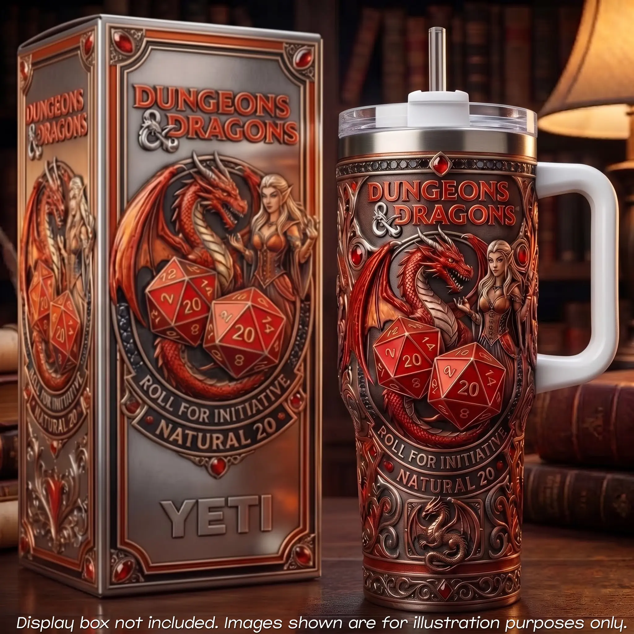 Dragons D&D Tumbler with Handle Straw, 40 oz Stainless Steel Insulated Travel Mug, Roll For Initiative Natural 20 Red Dragon D20 Dice Vintage Red Cup, Gamer Gift for RPG Tabletop Fans, Car Water Bottle