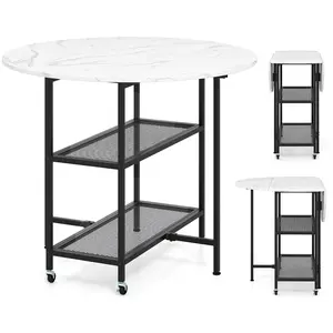 COSTWAY - Folding Round Dining Table with Lockable Wheels-White