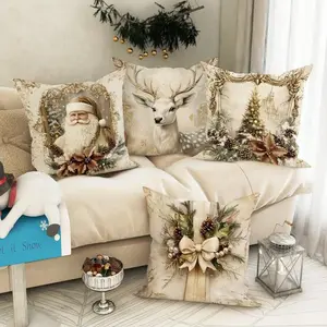 4-Piece Christmas Pillow Covers Set, Single-Sided Print, 45x45cm, Tree Reindeer Santa Design, Soft Plush Material, Hidden Zipper