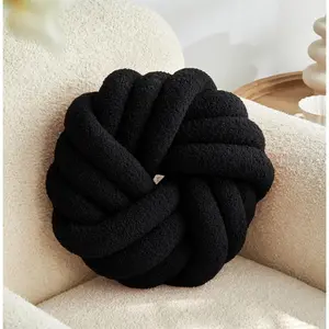 13.7'' Black Round Soft Plush Handmade Knot Ball Throw Pillow Decorative Knotted Cushion for Couch Bed Bedroom Sofa Modern Home Decor