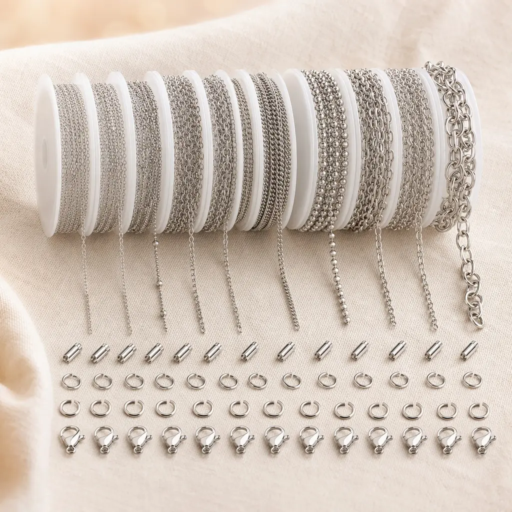 10-Varied Styles Stainless Steel Metal Chains Set with Fastener Accessories, Wear-Resistant Handcraft Parts, Unisex Wear DIY Jewelry Making Bulk Supplies for Custom Bracelet Necklace Creation, Without Pendants, Ideal for DIY Projects, Unique Looks