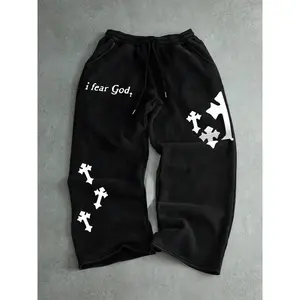 Trendy Street Style Drawstring Sweatpants, Cross Print, Casual Fashion, Comfortable Fit, All Occasion Wear, Home & Outdoor