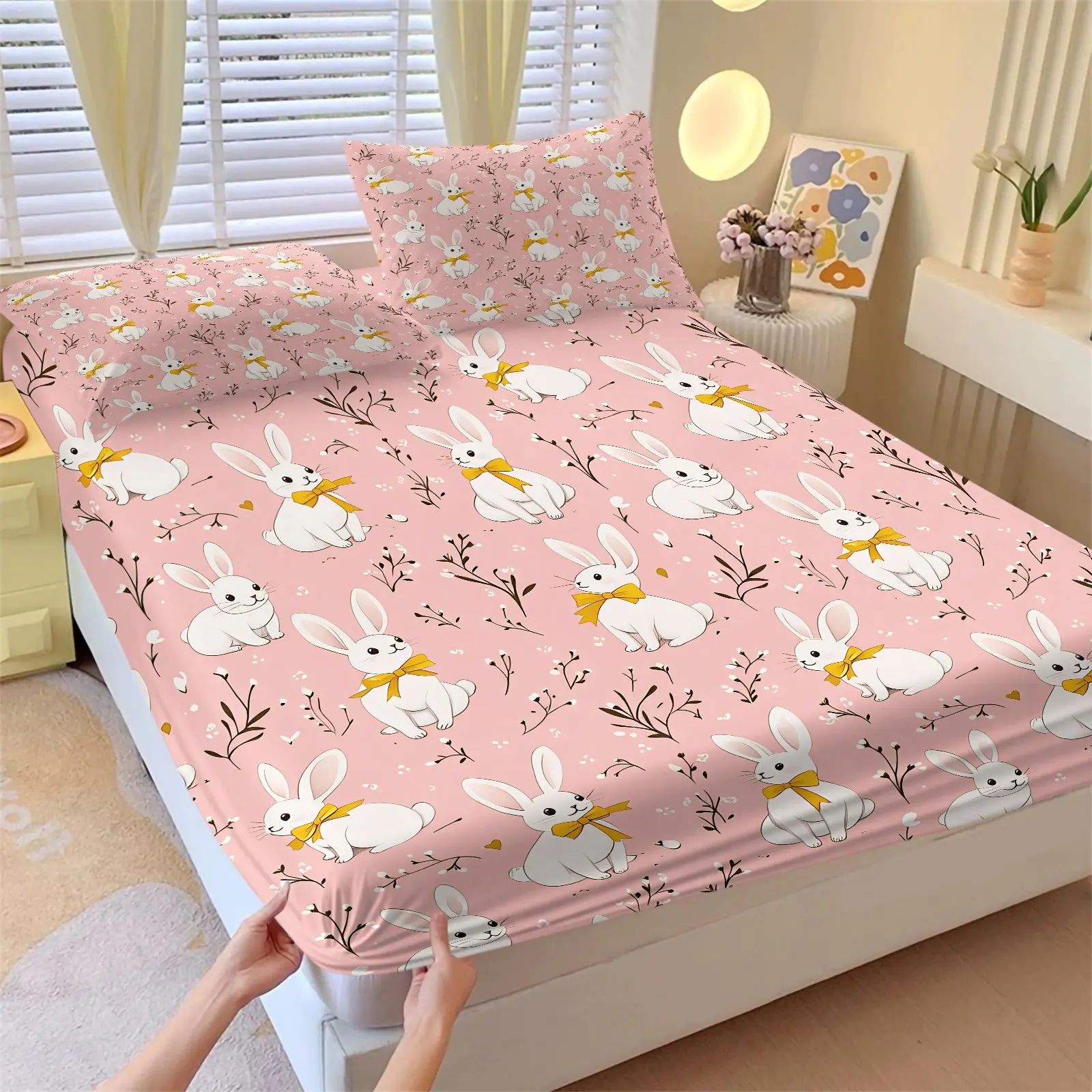 Pink Country Style Bunny Fitted Sheet Set and 2 Pillowcases No Core, Soft Anti-Slip Wrinkle-Resistant Bedding, Girls' Room, Kids Room Decor, White Rabbit with Floral and Foliage Elements, Gift Choice