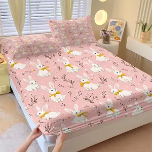 Cute Pink White Bunny Print Fitted Sheet Set and 2 Coreless Pillowcases, Rabbit and Floral Branch Pattern, Soft Comfortable Anti-Slip Wrinkle Resistant Mattress Protector, Sweet Girly Style Bedroom Decor Gift