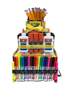School Supply Cake - Includes Clipboard, Highlighters, Markers, Colored pencils, EXPO dry erase markers, Elmer's school glue, Watercolor, Glue sticks, pink erasers, Crayola crayons, Jumbo crayons, #2 Pencils, and Stickers
