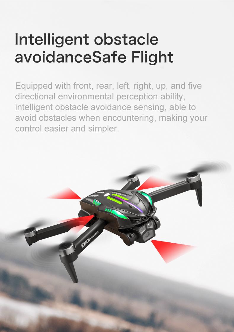 D10 Drone | Brushless Motor 4-Way Obstacle Avoidance Drone with Gradient Flowing Lights, Optical Flow & Servo Gimbal EIS Stabilization, Dual WIFI Camera, Sports Car Shape, Foldable, Gesture Control & One Key Return