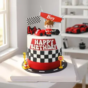 Cartoon Boy Birthday Cake Topper Decor Red Little Racer F1 Car Racing Theme Soft Rubber Doll Ornaments for Kids Party