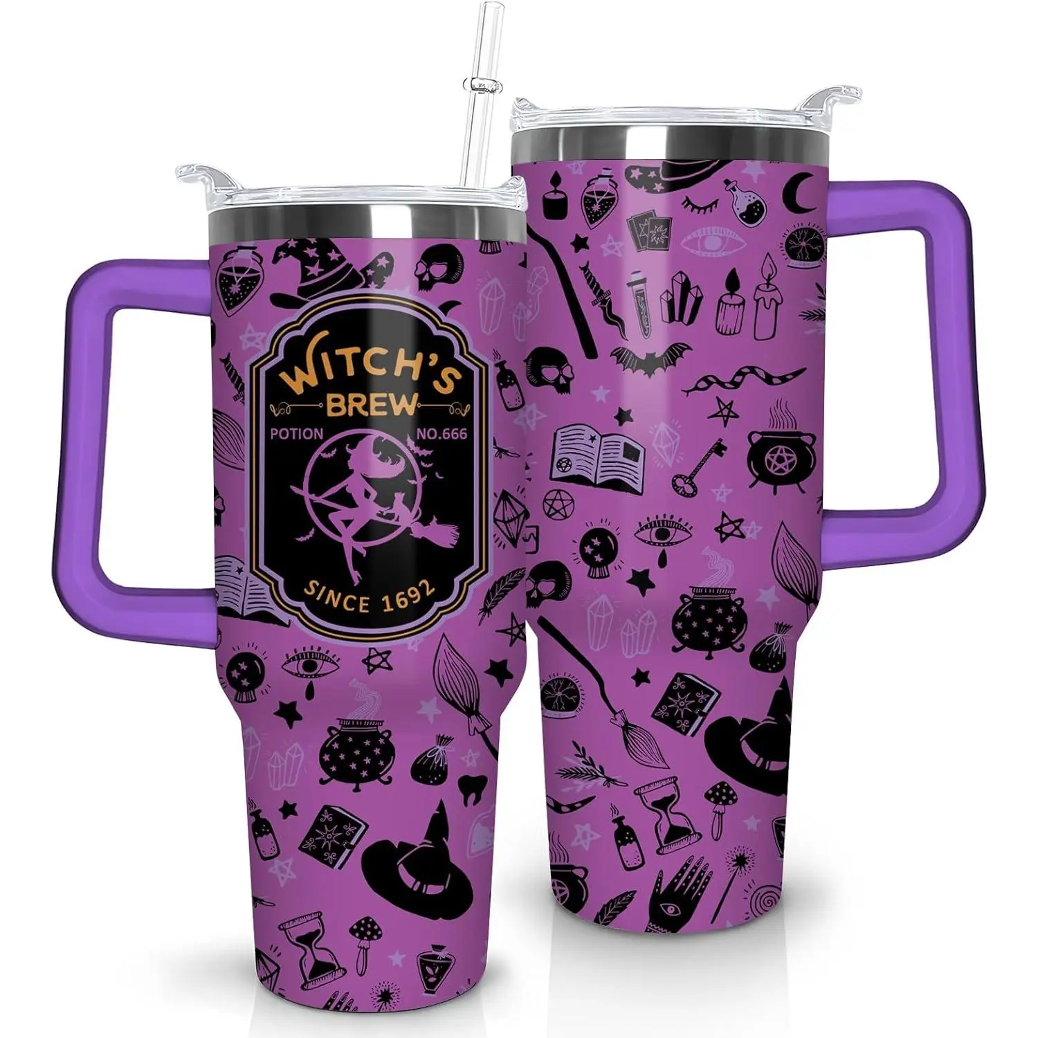 Women's 40oz (500-1000ml) Classic Purple Witchy Printed Halloween Stainless Steel Insulated Tumbler - Lead-Free, Leak-Proof, Anti-Scalding Tapered Coffee Mug with Manual Lid, Handle, Straw (Kitchenware Drinkware Vacuum Flask), Halloween Tumbler, 500-1,000