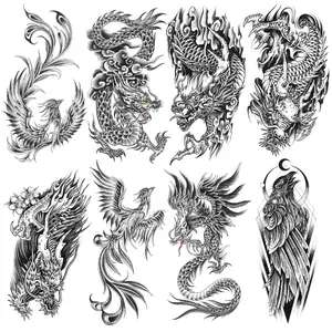 8 Sheets Waterproof Arm Body Art Temporary Tattoo Stickers Black Flying Dragon Phoenix