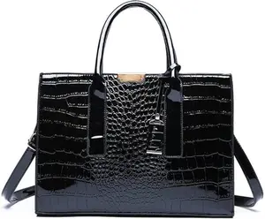 Brown Crocodile Embossed Top Handle Bag Elegant Double Handle PU