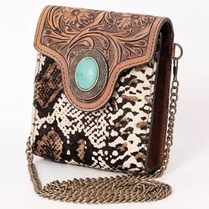 American Darling Mini Western Hair-On Leather Crossbody Bag with Turquoise Concho Handcrafted Cowhide Full-Grain Leather Antique Finish Chain Strap