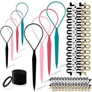 Hair Braiding Tools Set – 8PCS Topsy Tail, 8PCS French Centipede Braiders, 10PCS Black Hair Ties for Ponytails & French Twists