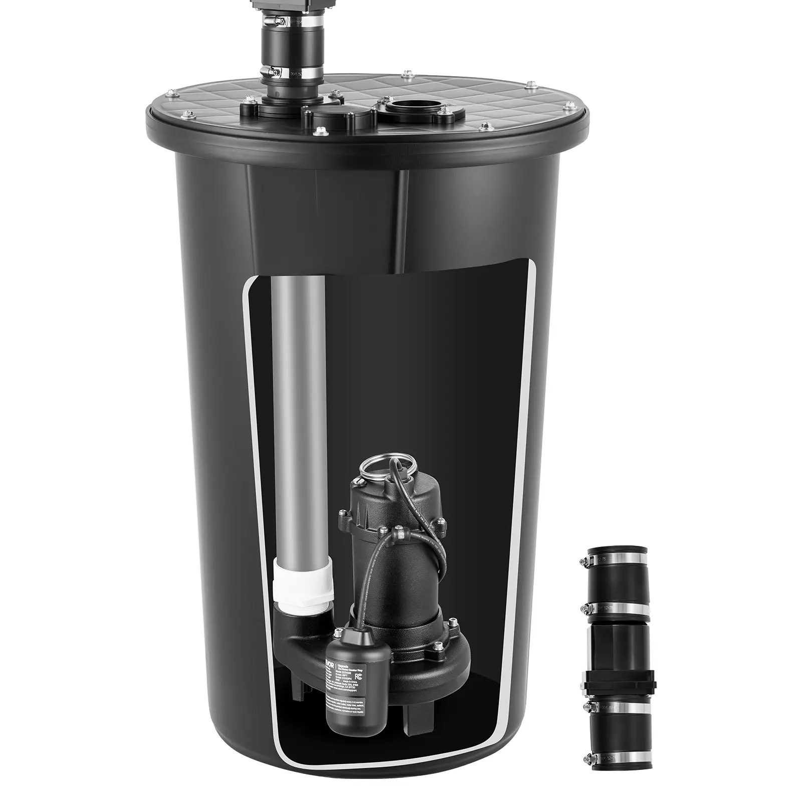 VEVOR 1 HP Cast Iron Sewage Grinder System, 5100 GPH Centrifugal Submersible Pump with Basin, Grinding Blade, 120V Automatic Float Switch, 2" Discharge, Copper, Underground/Basement/Bathroom Wastewater Seepage Removal, Check Valve, Overload Safe, Black