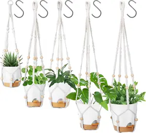 Hanging Planters for Indoor ,5Pcs Hanging Basket for Indoor Boho Home Decor,Macrame  Hanger,35 Inches,29Inch,23Inch, ,Self Watering Planters, 7/6.5/6/5.5/5 Inch,White&White