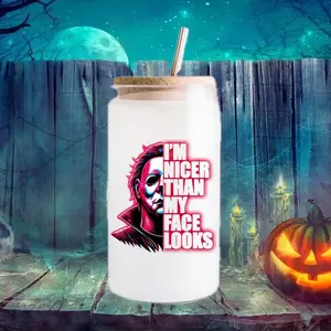 Michael Myers 16 oz Libby Can Glass Drinkware Bamboo Wooden Lid Matte iced coffee cup Perfect Gift Beer tumbler glass cups with lid and straw Halloween Nicer Than My Face Looks Cute Halloween-Themed Drink