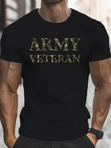 [Breathable Polyester Casual T-Shirt] Big & Tall Men's Summer T-Shirt - ARMY VETERAN Graphic, Casual Short Sleeve Tee, Breathable Polyester, Machine Washable, PLUS SIZE