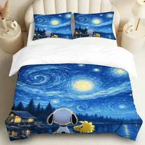 3PCS Duvet Cover Set, 1 Duvet+2 Pillowcases(Without filler), Starry Sky Van Gogh Night  Dog Theme, Christmas bedding set, Artistic Style Bedroom Decoration Comforter Set Suitable for decoration bedroom, guest room, living room, or gift.