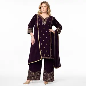 Embroidered Velvet Punjabi Suit – Maroon Indian 3-Piece, Double XL