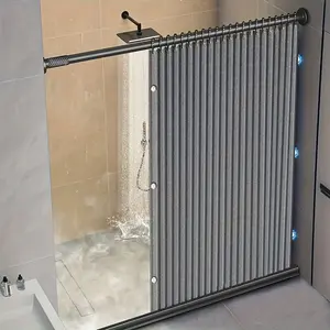 Foldable shower curtain, grey with a fashionable theme, available in various sizes. Features a double-sided magnetic hook design, providing all-round comfort for the bathroom, including hooks and magnetic hook ties. Reinforced stitching