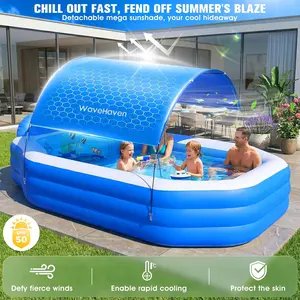 2026 Inflatable Pool with Canopy Ocean Theme Blue 118x75x22 Oversize Thickened Blow Up Pool for Kids Adults with Seats Backyard Swimming Pool
