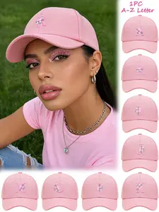 Women's Pink Floral Embroidered Initial Baseball Cap - Personalized Cap A-Z Letter Adjustable Dad Hat, Custom Embroidered Hat Cute Flower Decorated Casual Sun Hat for Summer Outdoor