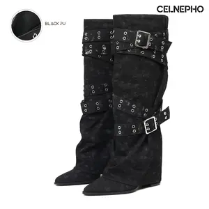 CELNEPHO Knee High Slouchy Boots for Women Pointed Toe Wedge Heel Adjustable Buckles Fold Over Design Easy Pull on Comfy Goth Punk Streetwear Work Casual Everyday Wear Summer Fashion Tall Long Dressy Denim Gaiter Shoes
