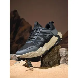 Men's Sporty Patchwork Striped Lace Up Hiking Boots, Casual Comfortable Breathable Outdoor Boots, Fashionable Sports Shoes for Outdoor Hiking