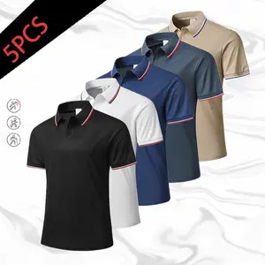 Men’s breathable polo shirt pack of 5, minimalist business-style design with contrast trim, skin-friendly, comfortable, non-pilling, ideal for everyday commuting, work, casual outings, and summer wear—a best-selling top.