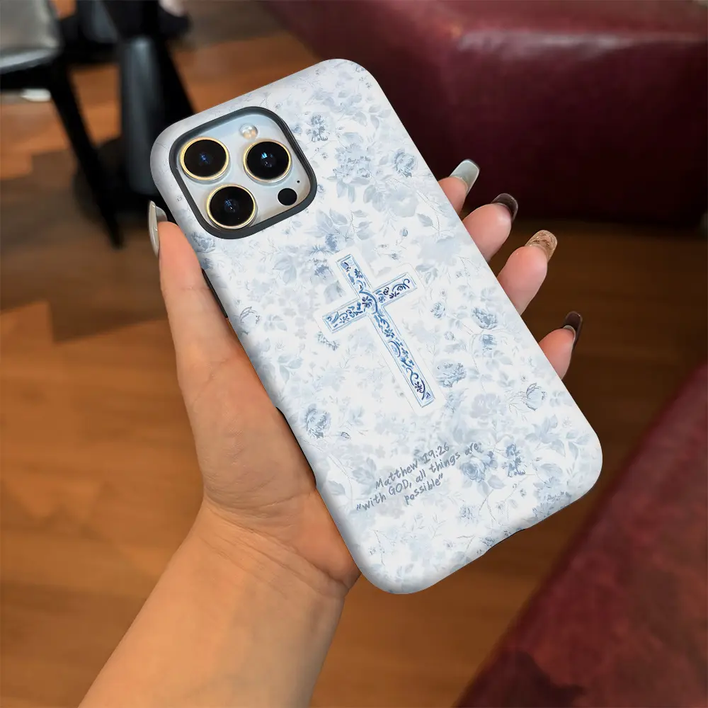 Pink Gingham Aesthetic Film Shell Phone Case - Crucifix & Matthew 19:26 Bible Verse, Protective Shockproof Dual-Layer Casing Cover for iPhone 16/17 Pro Max, Christian Women's Mobile Phone Accessory Gift