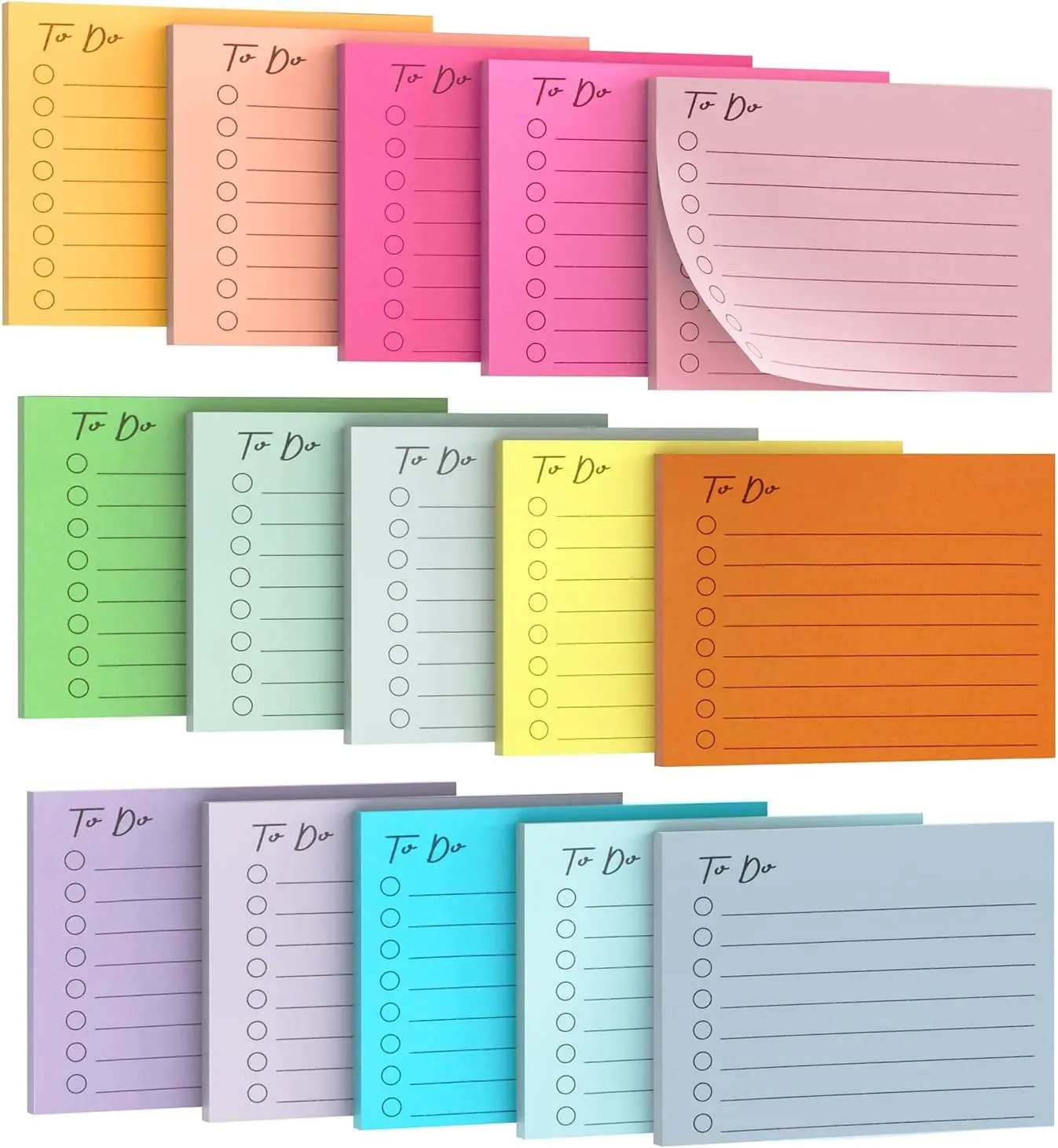 15-Pack Hard Paper Colorful Lined Sticky Notes (3"x4", 750 Sheets, 15 Colors) - Reusable Organization Office Supplies Stationery, Square To-Do List Labels for Office