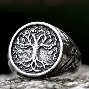 Nordic Vikings Runes Amulet Life Tree Stainless Steel Ring - Unisex Odin Fashion Costume Jewelry Accessory