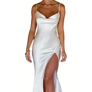 Women'S Satin  Long Dress Spaghetti Strap Cowl Neck Dress High Split Party Dress  Elegant Fabric Chic   Formal Polyester Backless Solid  Spandex Woven Womenswear Green Workwear Sleeveless
