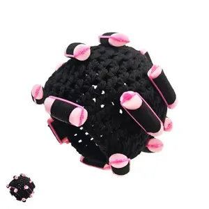 Women's Stretchy Winter Beanie Hat with Pink & Brown Curly Hair Rollers & Bead Accents - Lightweight Warm Elastic Fit for Parties, Daily Wear, Christmas - Pink//Purple Beads (Hand Washable) - Trendy USA Accessory