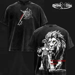 Escanor “Who Decided That?” Seven Deadly Sins T-Shirt And Hoodie – Vintage Washed Oversized Heavyweight Cotton Anime Graphic Tee, Lion’s Pride Muscle Artwork, Unisex Anime Streetwear Gift for SDS Fans QS9