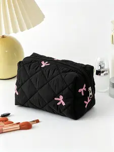 Cotton Fabric Bow Quilted Lipstick Organizer Bag, Women's Cosmetics Storage Pouch, Earphone Data Cable Makeup Coin Purse