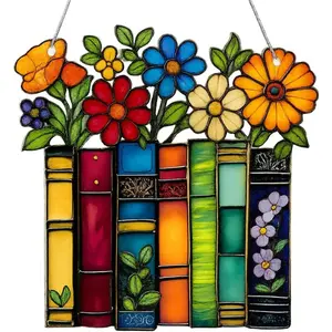 Book Lovers Gifts for Women, Valentines Day Gifts for Teacher, Librarian, Reader, Bookworm, Book Ornament Faux Stained Glass Window Hanging, Bookish Gifts Stocking Stuffer Decor (Floral Shelf)