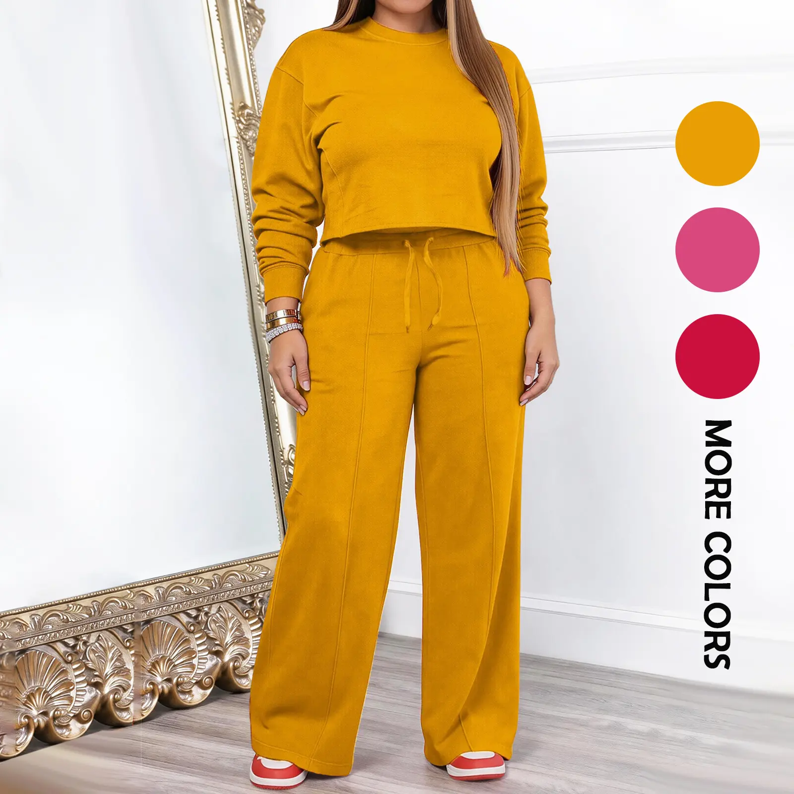 Women's 2-Piece Plus-Size Loungewear Sweatsuit Set, Cropped Crewneck Long-Sleeve Sweatshirt, High-Waisted Wide-Leg Sweatpants with Front Drawstring, for Curvy Figures (Womenswear)