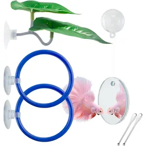 Betta Fish Toy Set: Betta Training Floating Mirror, Training/Feeding Ring, Spoon, and Resting Leaf. Promotes Exercise. Betta Toys, Resting & Feeding Kit.