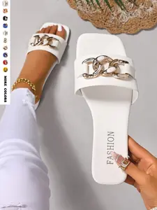 Women's Fashionable Plain Color Chain Decorated Slides, Casual Comfortable Flat Sandals for Beach, Home, and Everyday Wear, Trendy All-match Slide Slippers for Women, Walking Shoes