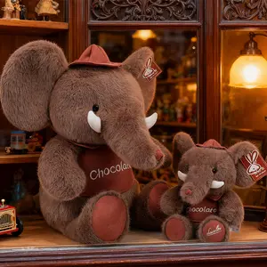 Chocolate Brown Elephant Plush Stuffed Animal, Vintage Hat Choco Outfit Elephant Throw Pillow, Soft Fluffy Retro Decorative Plushie for Cabinet Sofa Bedroom Home Decor, Gift for Chocolate & Plush Lovers