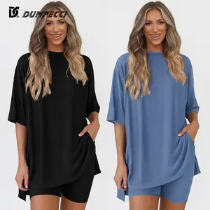 Crewneck 1/2Piece Set For Women Summer Casual （S-4XL） Split Hem Shirts & Side Pocket Biker Shorts Minimalist Lounge Wear Soft Viscose Fabric Comfy Homewear Cozy Pjs