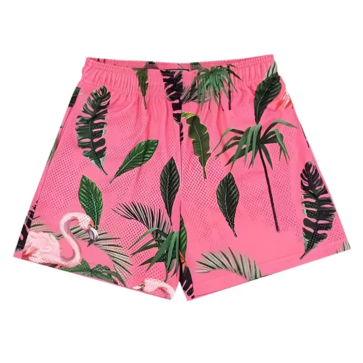 Flamingo Pink Mesh Shorts for Men, Tropical Bird Graphic Breathable Athletic Shorts, Summer Beach Streetwear Basketball Gym Drawstring Shorts