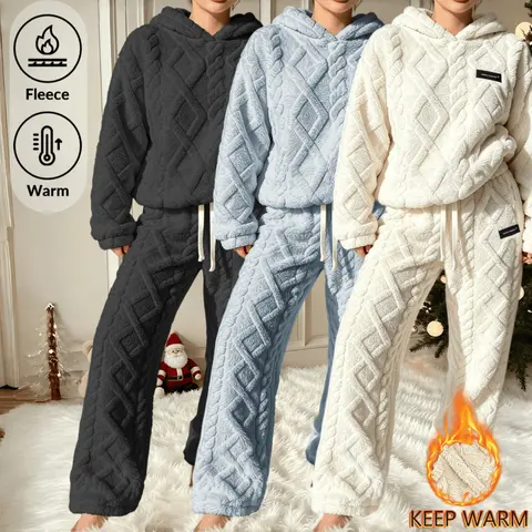 Women's hooded pajama set, 2 piece warm and comfortable home outfit, soft and thick fluffy hoodie+wide leg pants, autumn and winter pajamas, cute vacation home outfit, loose fitting women's pajamas, perfect choice for Christmas and night rest