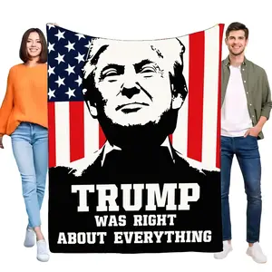 A fashionable Trump blanket with an American flag design, black and white illustrations, and the text "Trump is right".