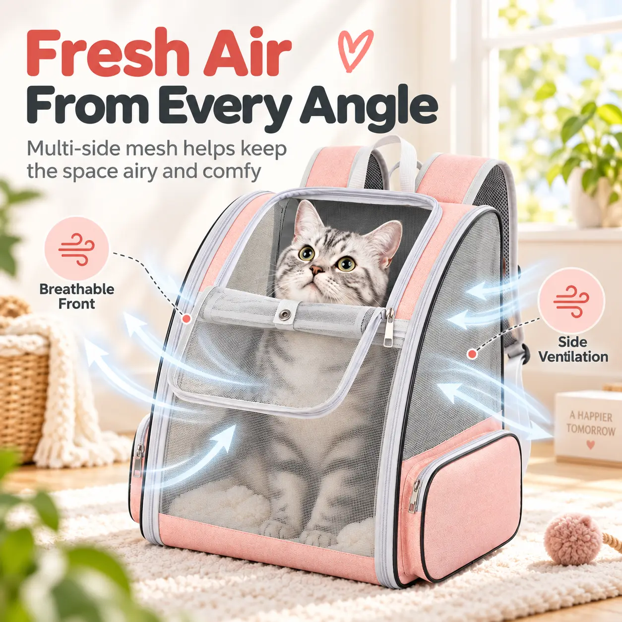 Breathable Mesh Pet Backpack Carrier, Foldable Travel Carrier with Top Handle, Side Pockets and Front Opening for Cats and Small Dogs