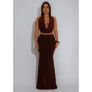Sahara Heat Ruched Skirt Set Brown