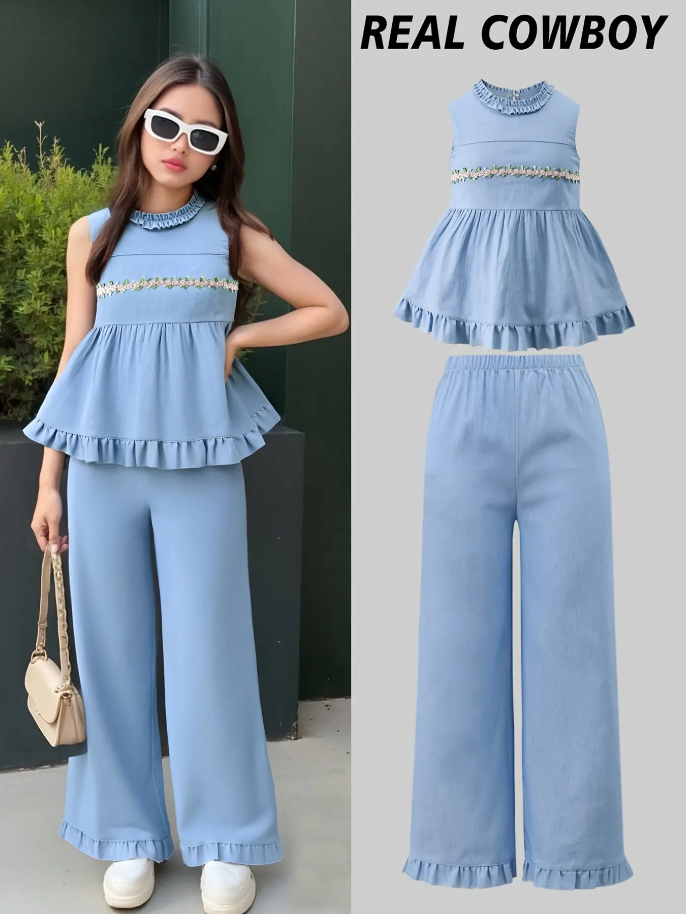 Girls' Spring Fashion Sleeveless Ruffle Shirt and Jeans Set, Summer Clothing Set, Casual Toddler for School and Outdoor Activities, Ages 3+, Summer Outfits Set
