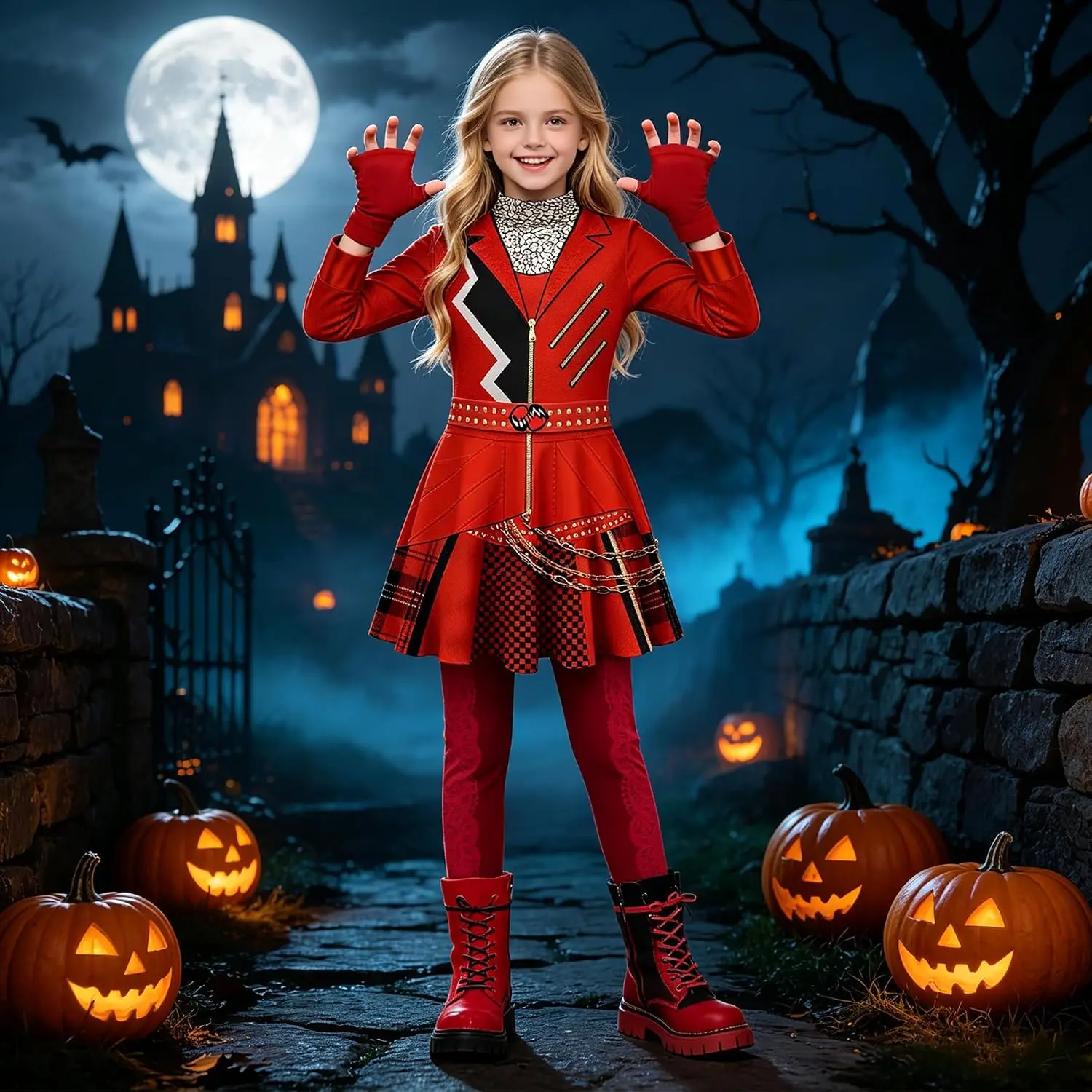 Girls' Red 2-Piece Halloween Cosplay Costume Set - Kids' Jumpsuit with Gloves