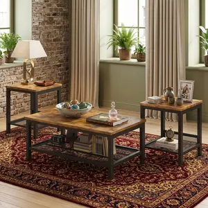 Industrial 3-Piece Coffee Table Set, MDF Wooden Rectangular Coffee Table with 2 Square End Side Tables, Metal Frame Mesh Storage Shelf Table Set, Adjustable Non-slip Feet Waterproof Rustic Accent Furniture for Living Room Apartment Home Office