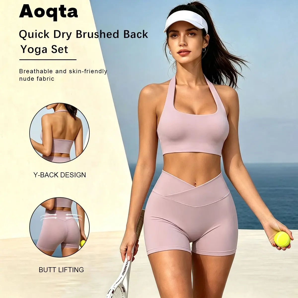 Aoqta Women's 2-Piece Halter Neck Backless Yoga Set - 25% Elastane Sleeveless Crop Top, Slim-Fit Butt-Lift High-Waisted Athletic Shorts, Activewear Running Outfits for Gym, Streetwear